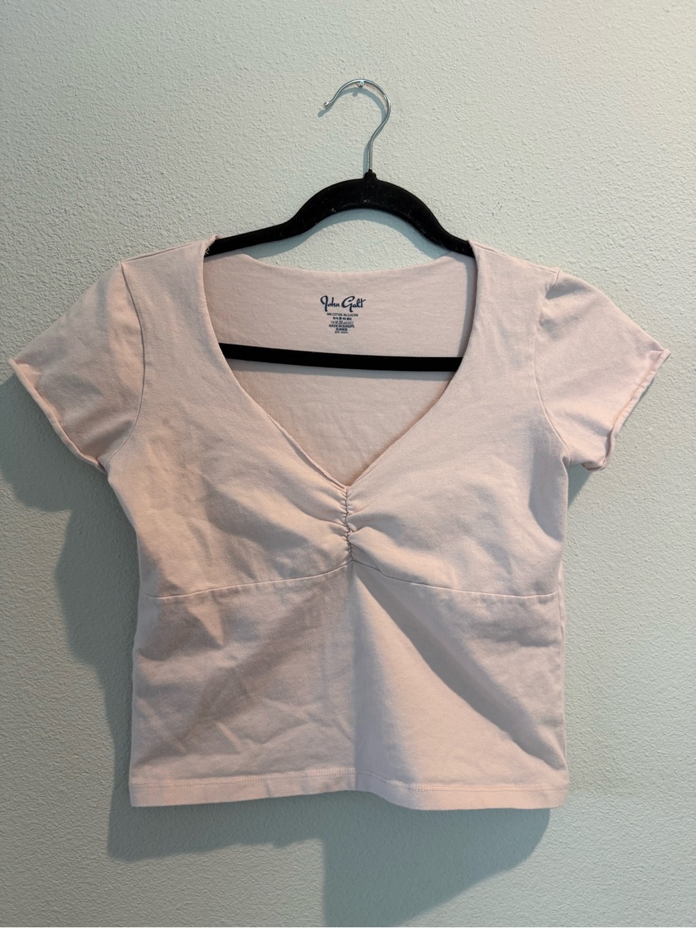Brandy Melville Light Pink V-Neck Ruched Short Sleeve Tee